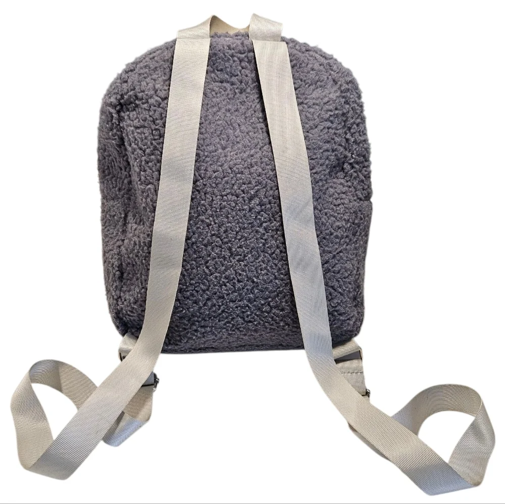 Gray Sherpa Fuzzy Mini Backpack with Pink Lining – Soft Plush Bag